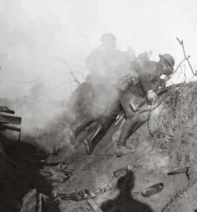 Amid bursting gas and tear shells we dislodge the Bosche from Bourlon Wood, 1917 by English Photographer